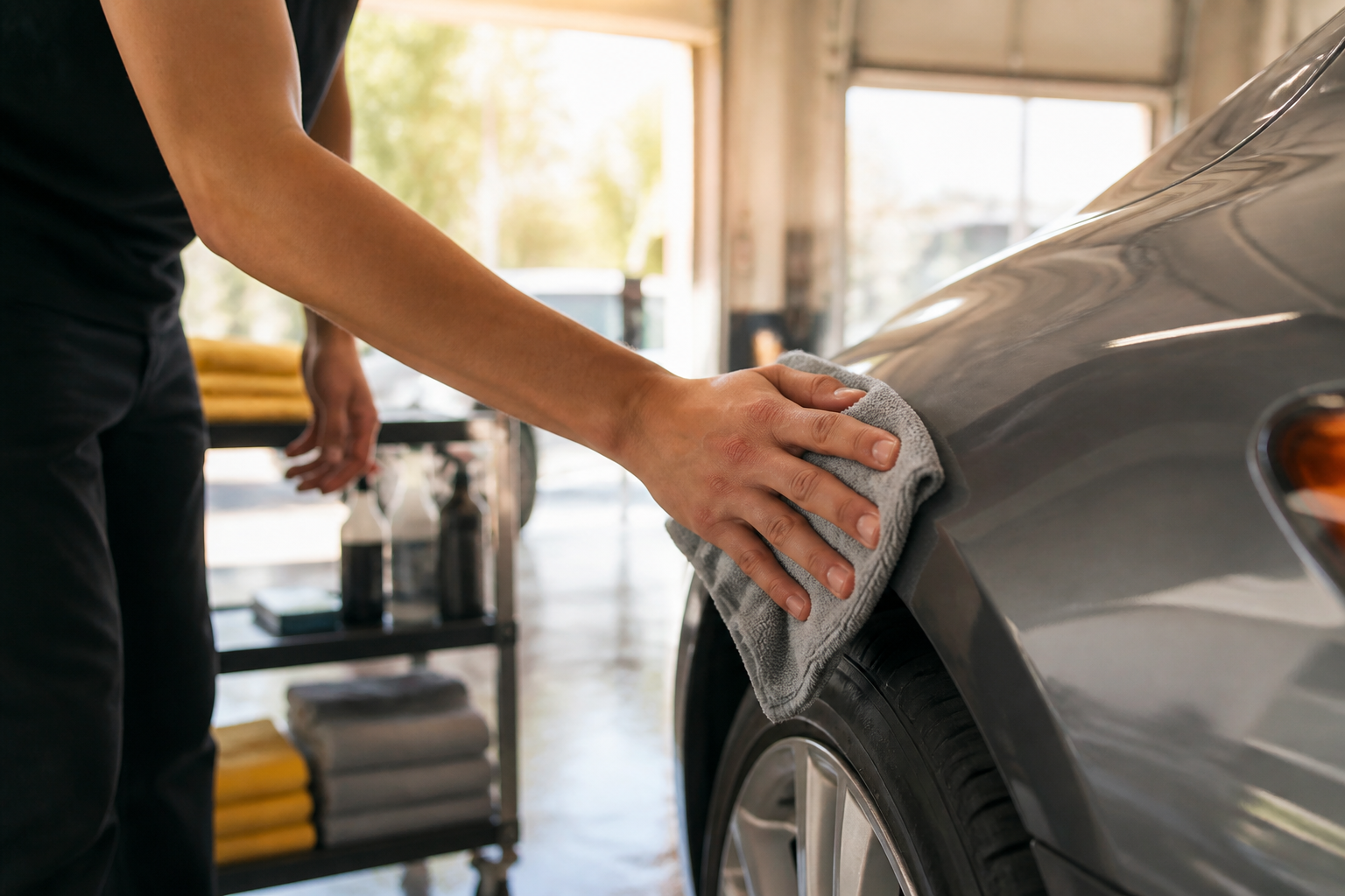 Detailer wiping paint with microfiber cloth