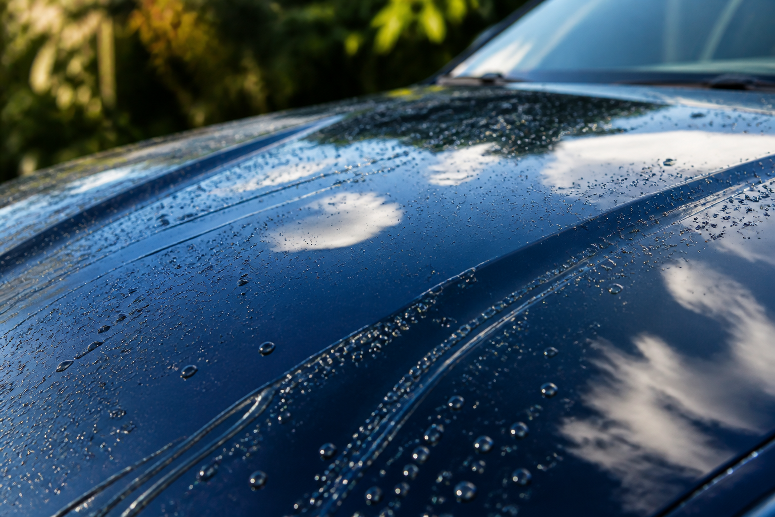 Polished car hood reflecting sky after detailing